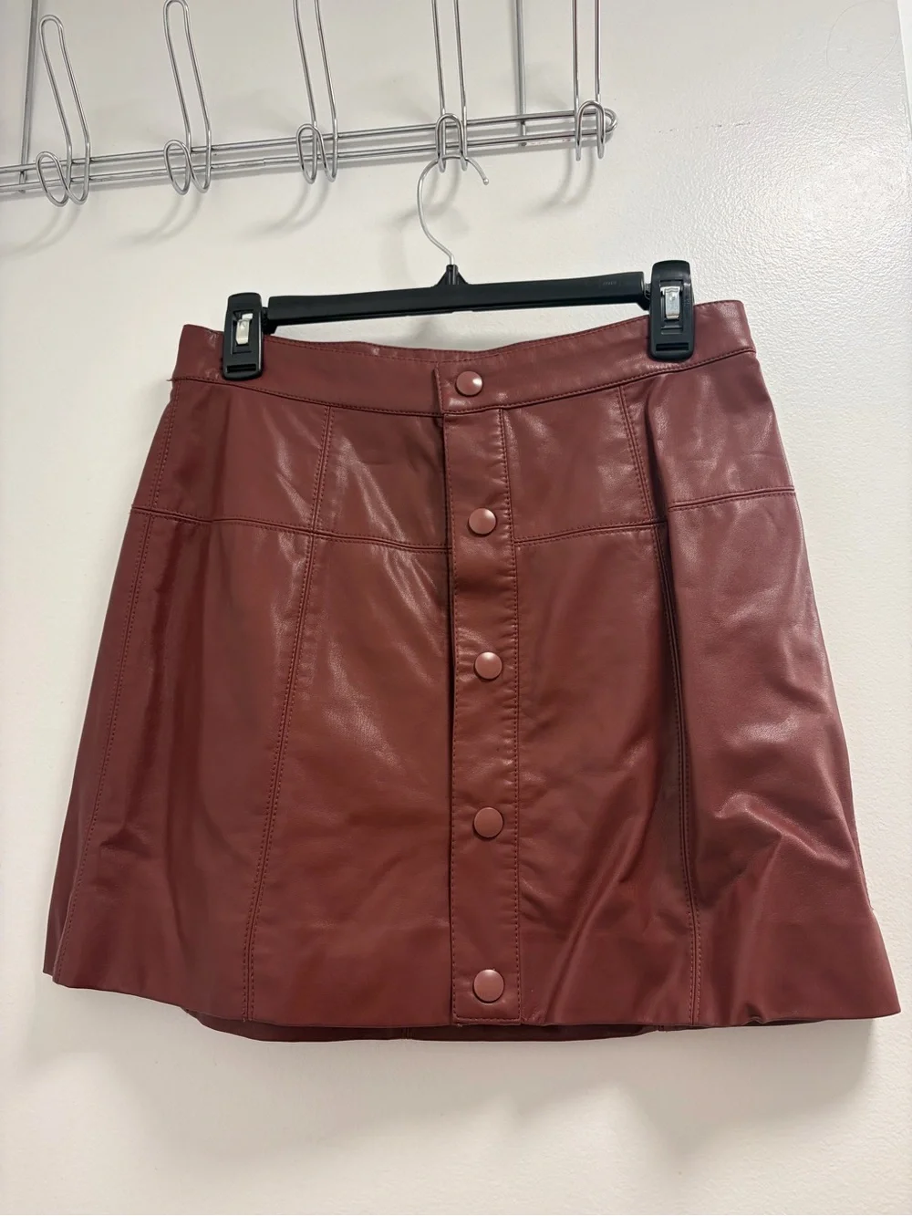 Free People Faux Leather Button-Front Mini Skirt - Brick Red